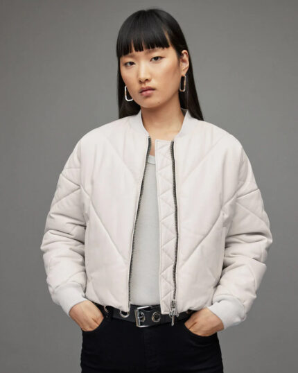 Women's White Puffer Leather Jacket - Elegant and Cozy