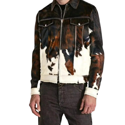 Men’s Real Cowhide Hair-On Leather Jacket Western Style Outerwear for Riding