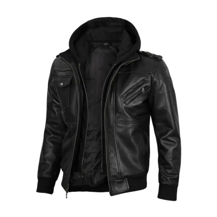 Men's Black & Brown Leather Jacket with Removable Hoodie