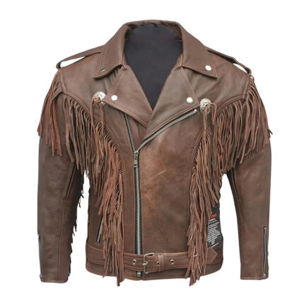 Men's Genuine Brown Cowhide Fringe Leather Moto Jacket