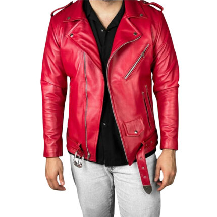 Men's Red Solid Leather Biker Jacket