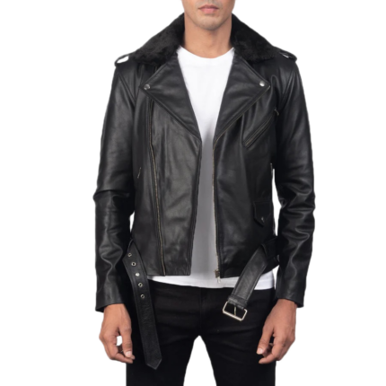 Furton Black Leather Biker Jacket