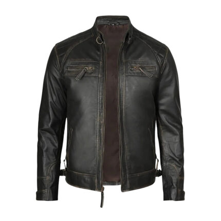 Men’s Distressed Black Cafe Racer Leather Jacket